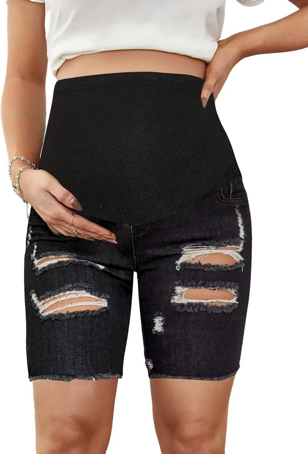 Floerns Women's Maternity Ripped Roll Hem Jeans Pregnant Denim Shorts