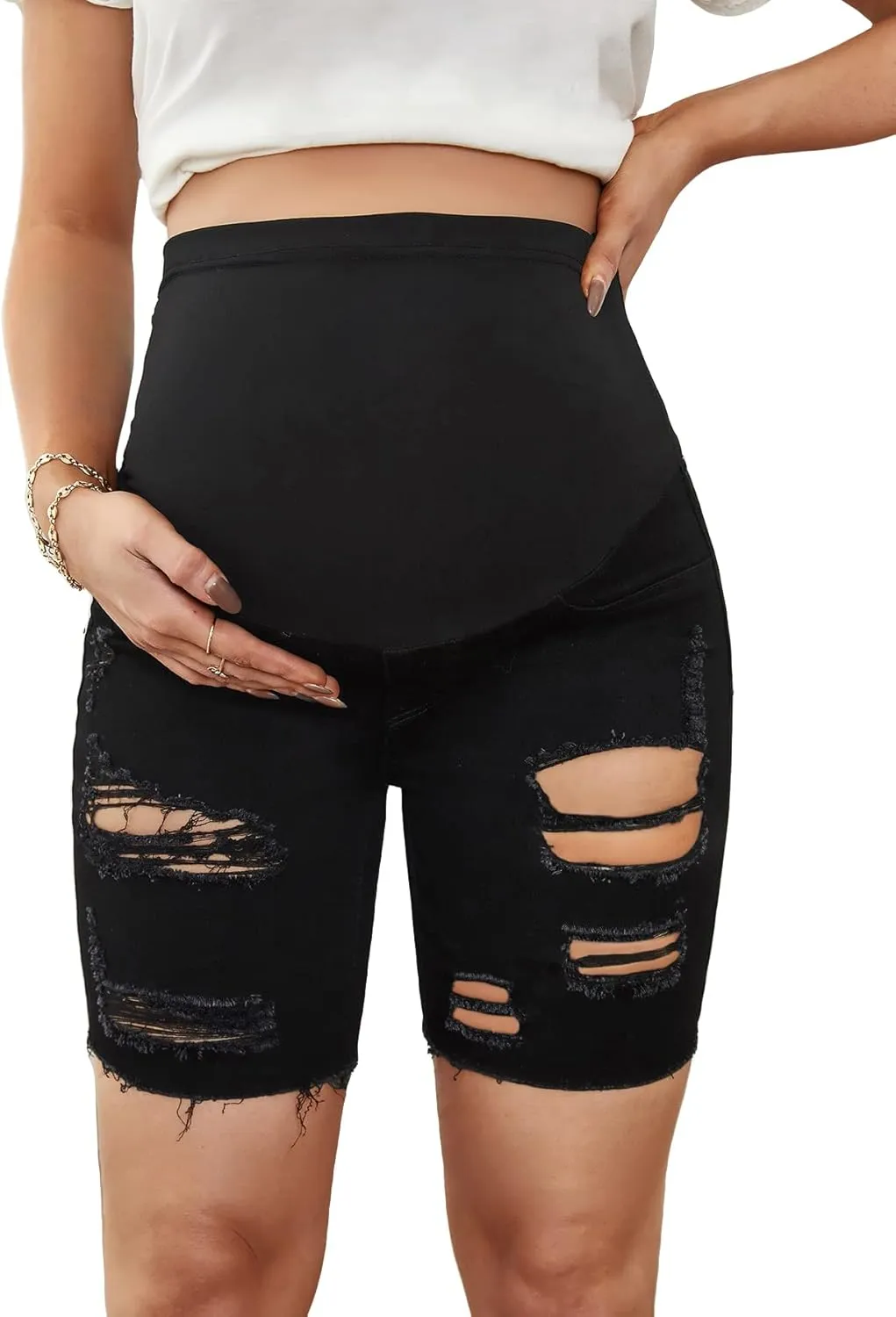 Floerns Women's Maternity Ripped Roll Hem Jeans Pregnant Denim Shorts