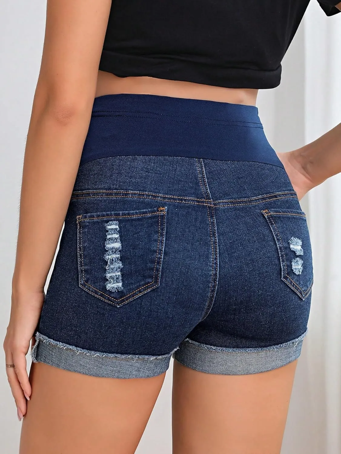 Floerns Women's Maternity Ripped Roll Hem Jeans Pregnant Denim Shorts
