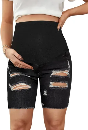 Floerns Women's Maternity Ripped Roll Hem Jeans Pregnant Denim Shorts