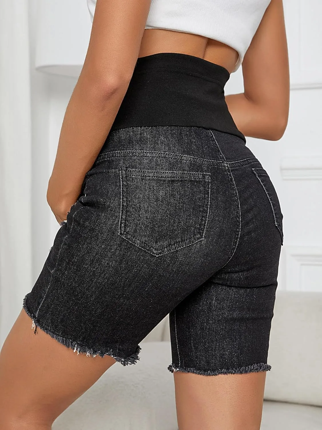 Floerns Women's Maternity Ripped Roll Hem Jeans Pregnant Denim Shorts