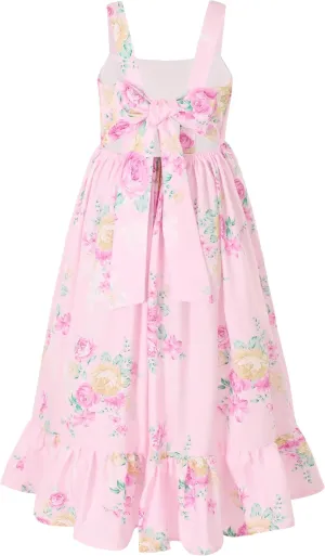 Flofallzique Girls Floral Dress Summer Vintage Tie Back Kids Birthday Party Boho Maxi Dress for 4-14