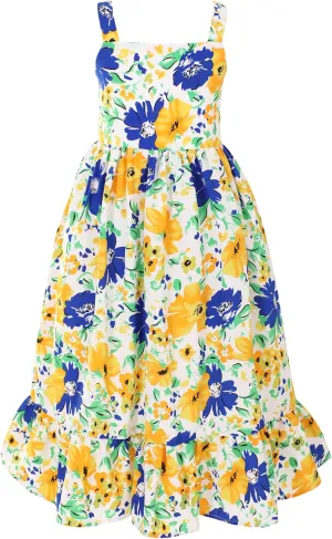 Flofallzique Girls Floral Dress Summer Vintage Tie Back Kids Birthday Party Boho Maxi Dress for 4-14