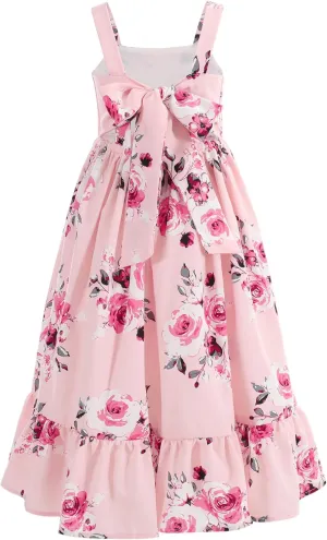 Flofallzique Girls Floral Dress Summer Vintage Tie Back Kids Birthday Party Boho Maxi Dress for 4-14