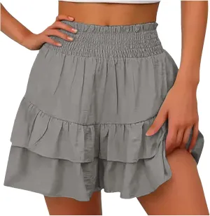 Flowy Running Shorts for Women High Waisted Solid Color Summer Tennis Skirts Trendy Casual Boho Ruffled Tiered Skort