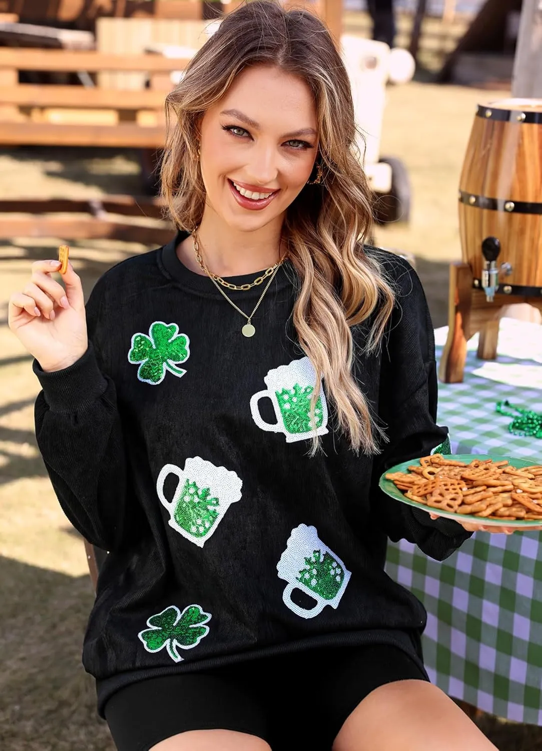 For G and PL Womens St. Patrick's Long Sleeve Irish Sequin Pullover Shamrock Clover Print Casual Sweatshirts