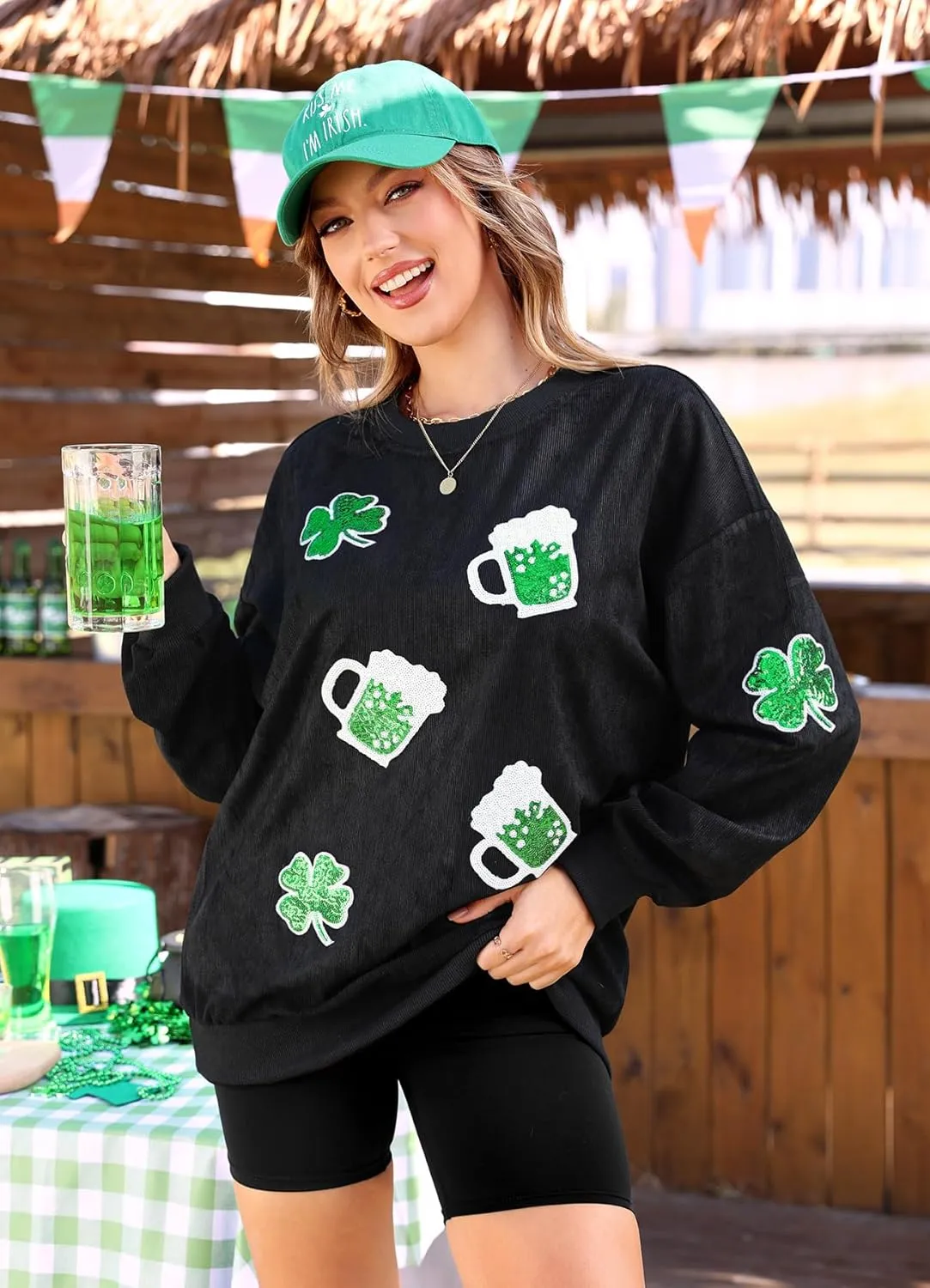 For G and PL Womens St. Patrick's Long Sleeve Irish Sequin Pullover Shamrock Clover Print Casual Sweatshirts