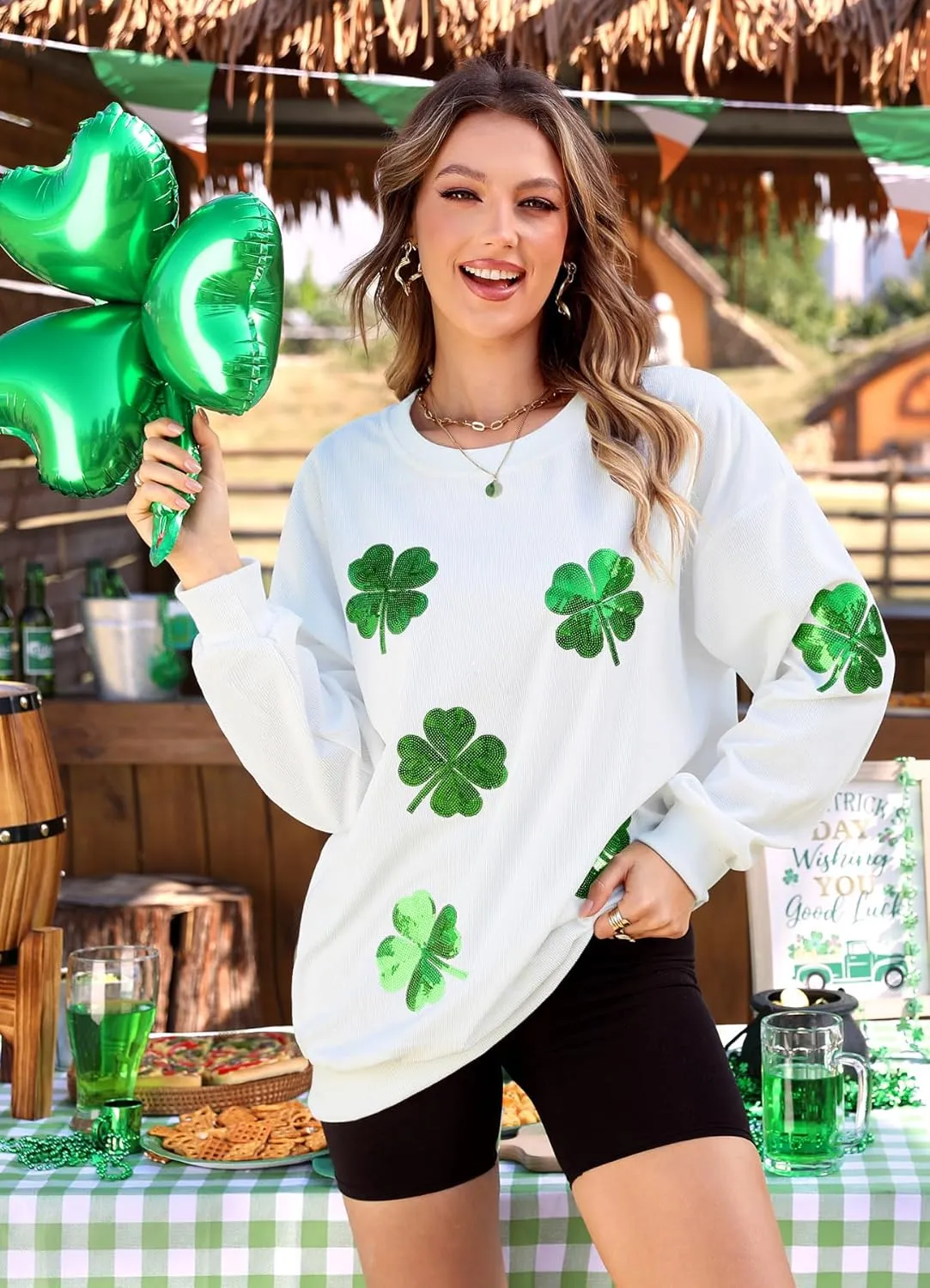 For G and PL Womens St. Patrick's Long Sleeve Irish Sequin Pullover Shamrock Clover Print Casual Sweatshirts