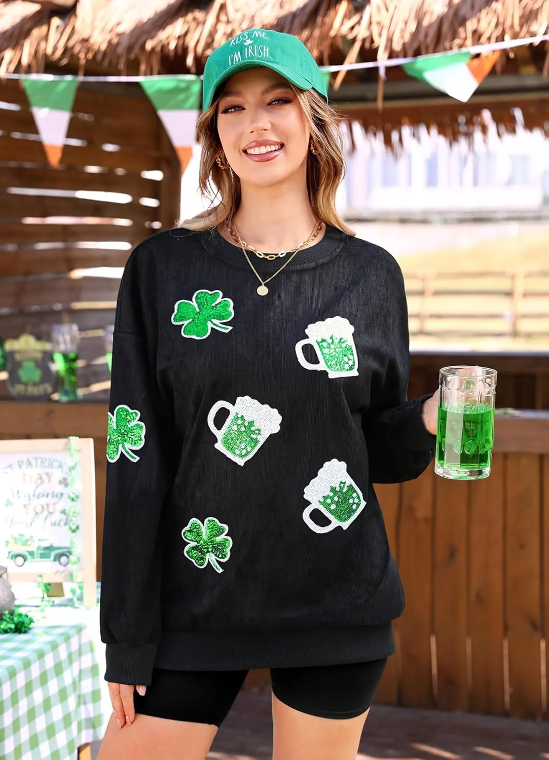 For G and PL Womens St. Patrick's Long Sleeve Irish Sequin Pullover Shamrock Clover Print Casual Sweatshirts