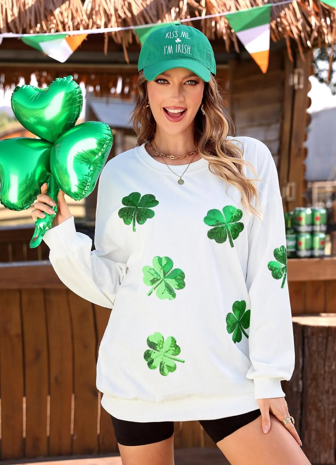 For G and PL Womens St. Patrick's Long Sleeve Irish Sequin Pullover Shamrock Clover Print Casual Sweatshirts