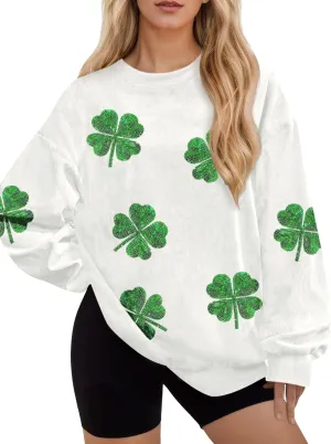 For G and PL Womens St. Patrick's Long Sleeve Irish Sequin Pullover Shamrock Clover Print Casual Sweatshirts