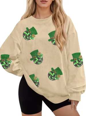 For G and PL Womens St. Patrick's Long Sleeve Irish Sequin Pullover Shamrock Clover Print Casual Sweatshirts