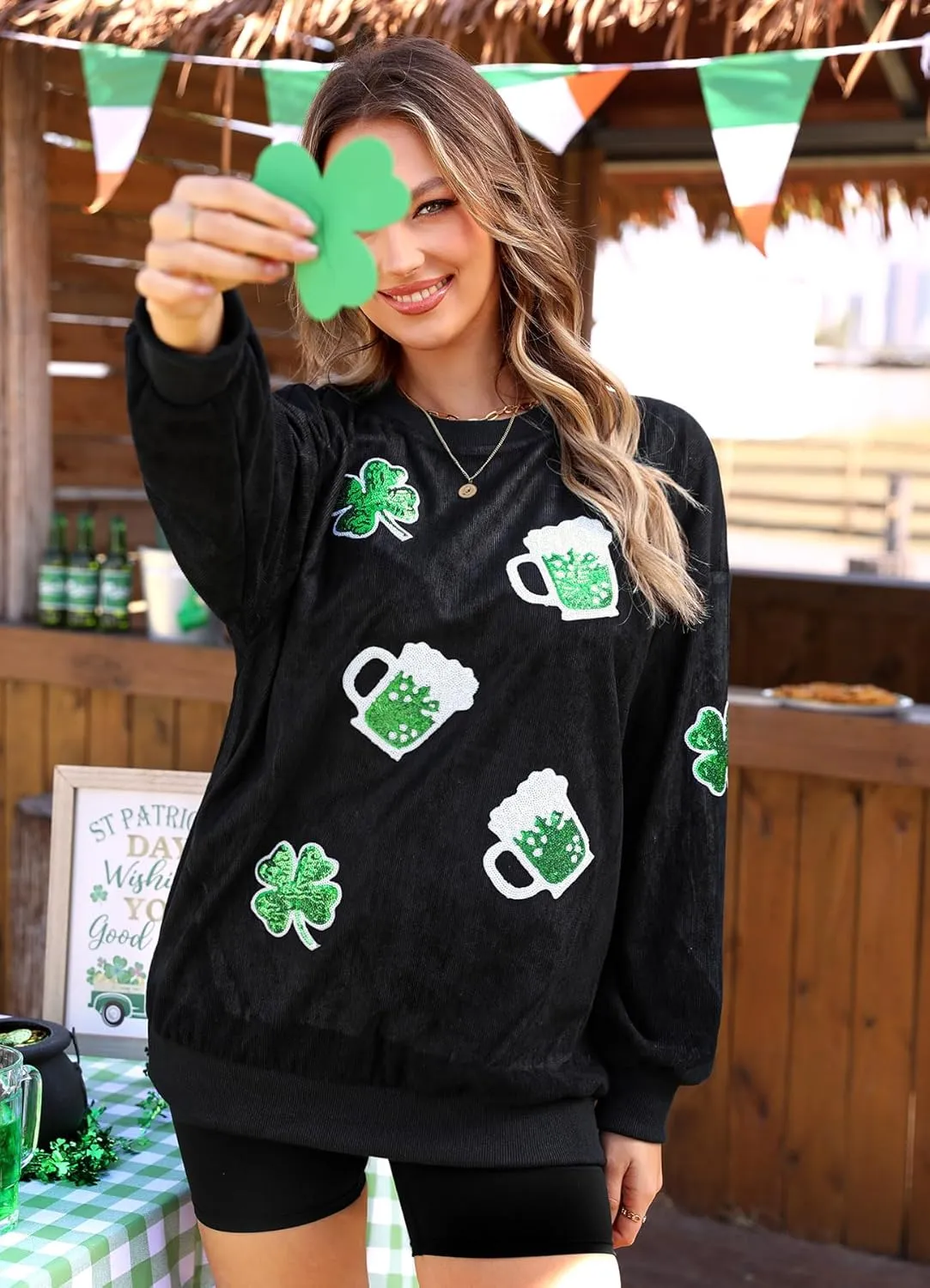 For G and PL Womens St. Patrick's Long Sleeve Irish Sequin Pullover Shamrock Clover Print Casual Sweatshirts