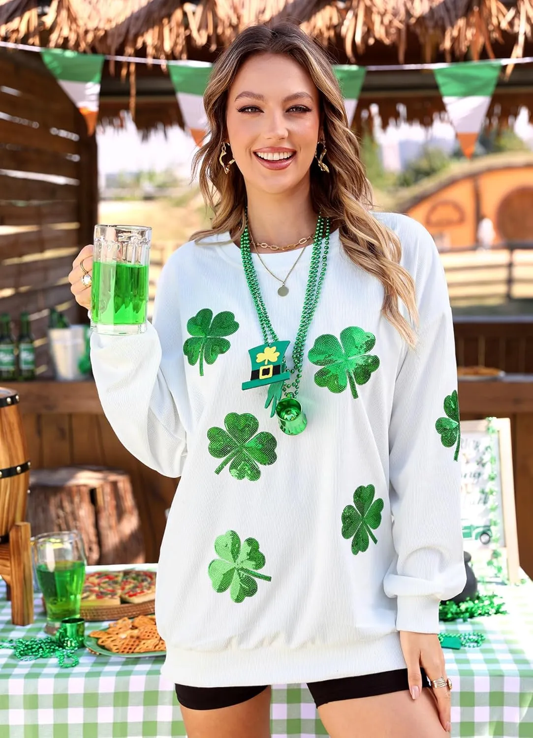 For G and PL Womens St. Patrick's Long Sleeve Irish Sequin Pullover Shamrock Clover Print Casual Sweatshirts