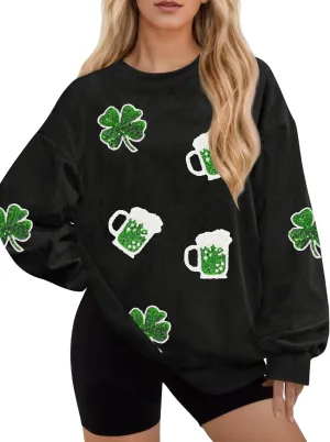 For G and PL Womens St. Patrick's Long Sleeve Irish Sequin Pullover Shamrock Clover Print Casual Sweatshirts