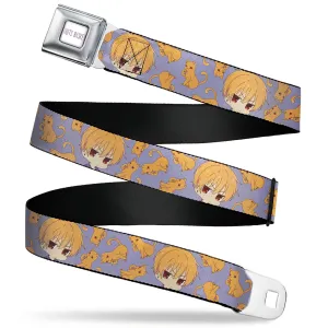 FRUITS BASKET Title Logo Full Color White/Purple Seatbelt Belt - Fruits Basket Chibi Kyo Soma and Cat Scattered Blue/Orange Webbing