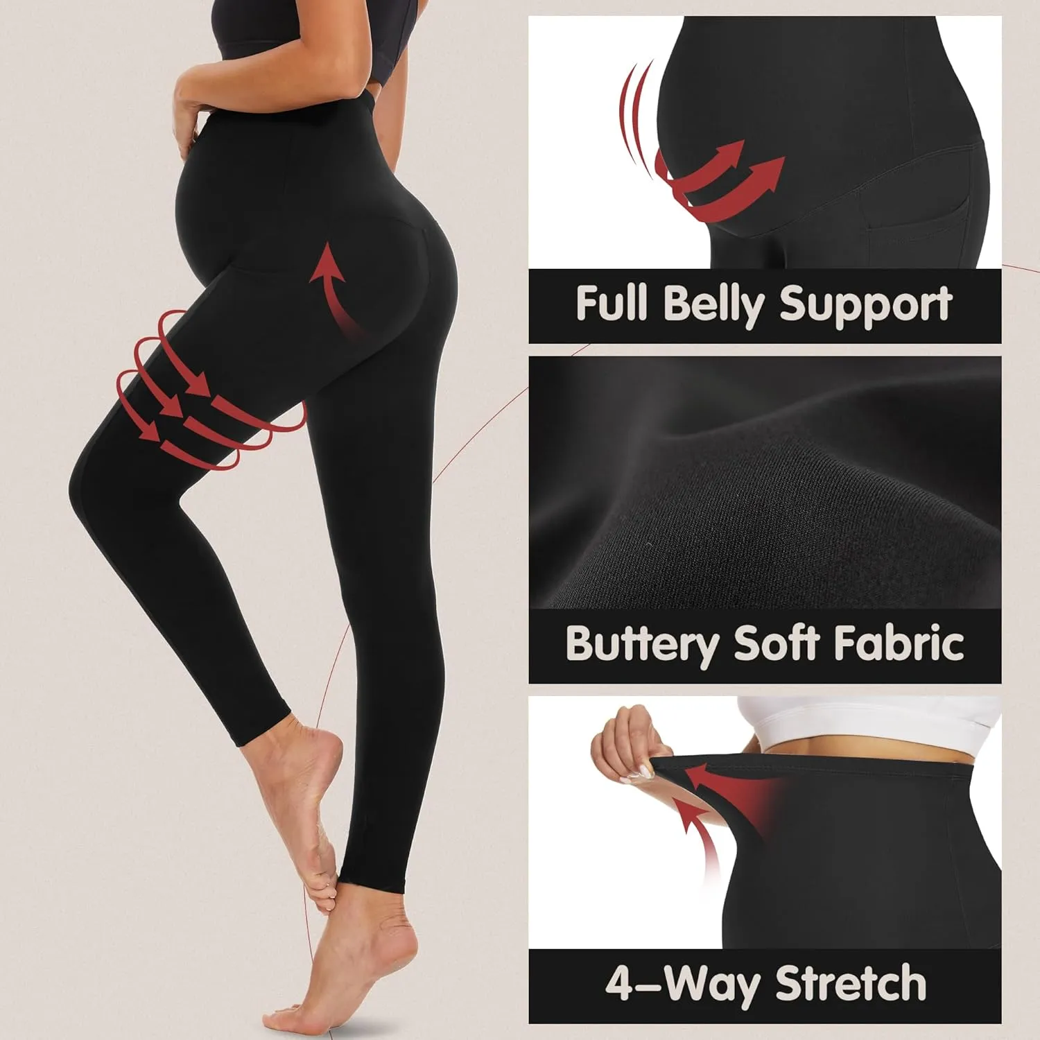 FULLSOFT Soft Maternity Workout Leggings with Pockets Over The Belly Pregnancy Yoga Pants