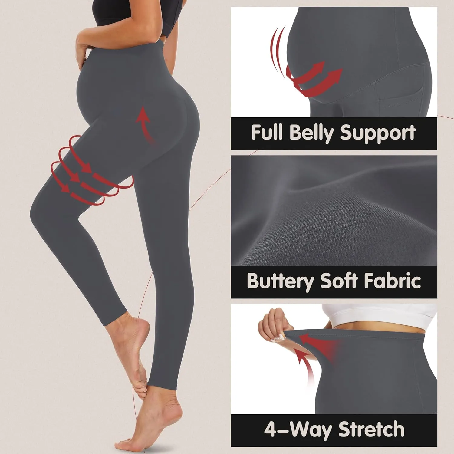 FULLSOFT Soft Maternity Workout Leggings with Pockets Over The Belly Pregnancy Yoga Pants