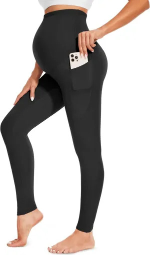 FULLSOFT Soft Maternity Workout Leggings with Pockets Over The Belly Pregnancy Yoga Pants