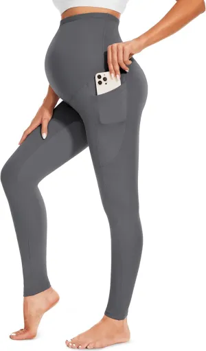 FULLSOFT Soft Maternity Workout Leggings with Pockets Over The Belly Pregnancy Yoga Pants