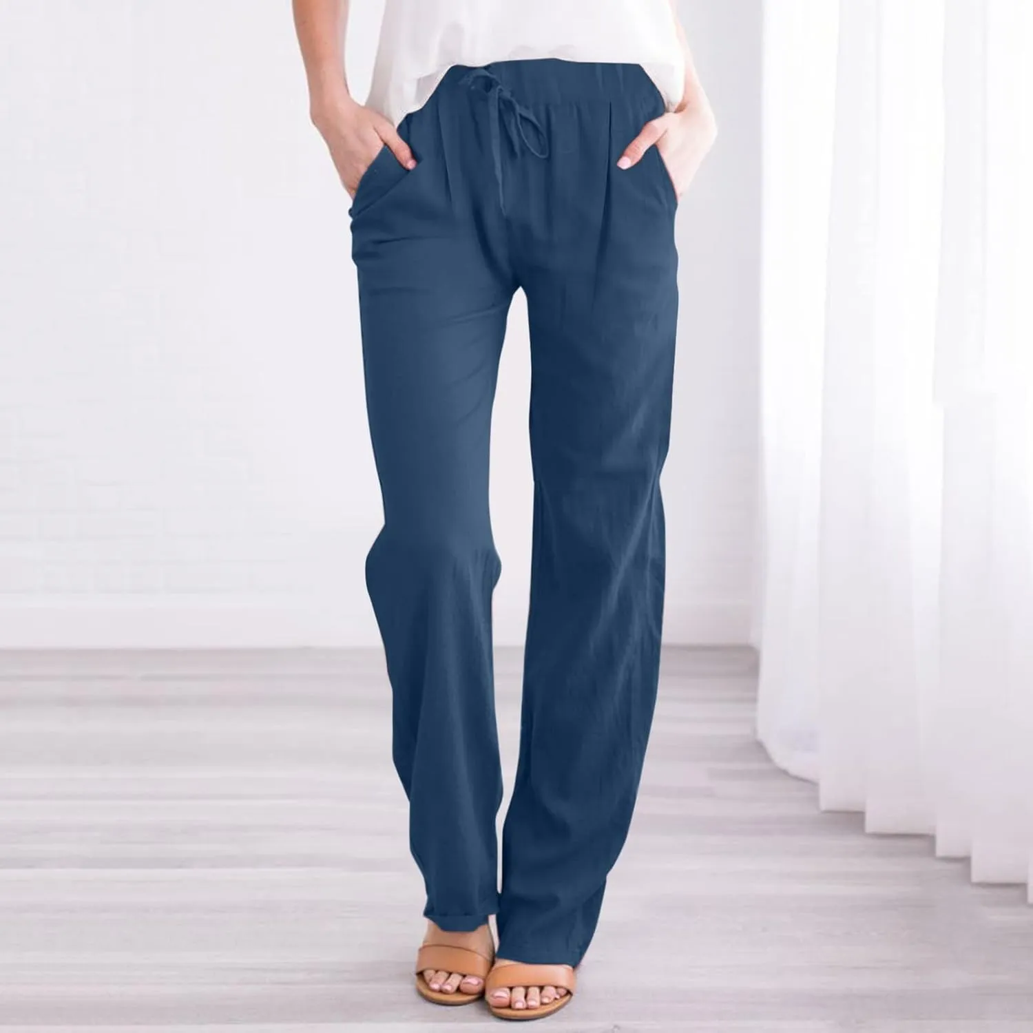 FZVYD Linen Pants for Women 2023 Summer Casual Loose Drawstring Elastic High Waist Comfy Trousers Straight Leg Lounge Pants