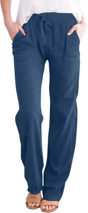 FZVYD Linen Pants for Women 2023 Summer Casual Loose Drawstring Elastic High Waist Comfy Trousers Straight Leg Lounge Pants