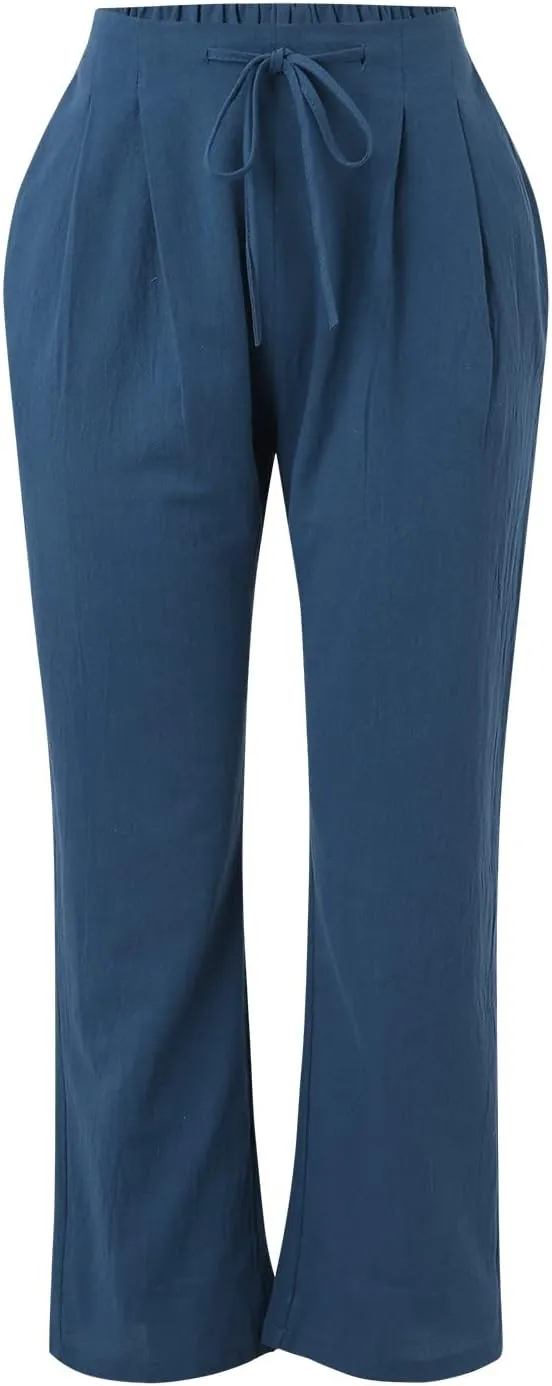 FZVYD Linen Pants for Women 2023 Summer Casual Loose Drawstring Elastic High Waist Comfy Trousers Straight Leg Lounge Pants