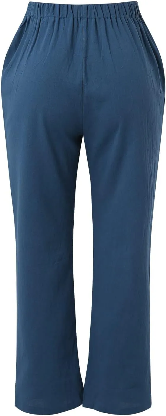 FZVYD Linen Pants for Women 2023 Summer Casual Loose Drawstring Elastic High Waist Comfy Trousers Straight Leg Lounge Pants