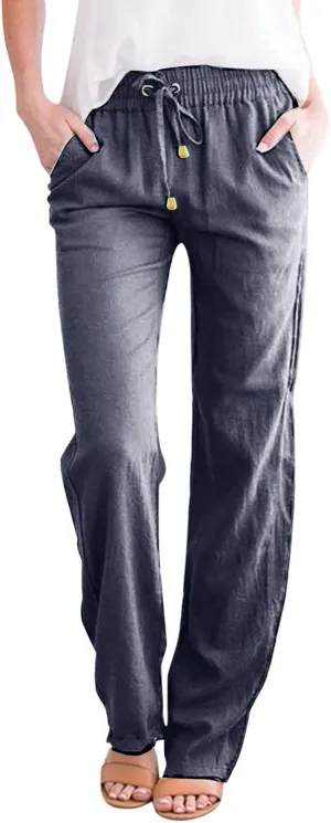 FZVYD Linen Pants for Women 2023 Summer Casual Loose Drawstring Elastic High Waist Comfy Trousers Straight Leg Lounge Pants