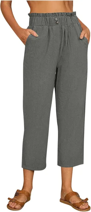 FZVYD Pants for Women Casual 2023 Summer Drawstring Elastic High Waist Linen Palazzo Pant Loose Straight Wide Leg Trousers