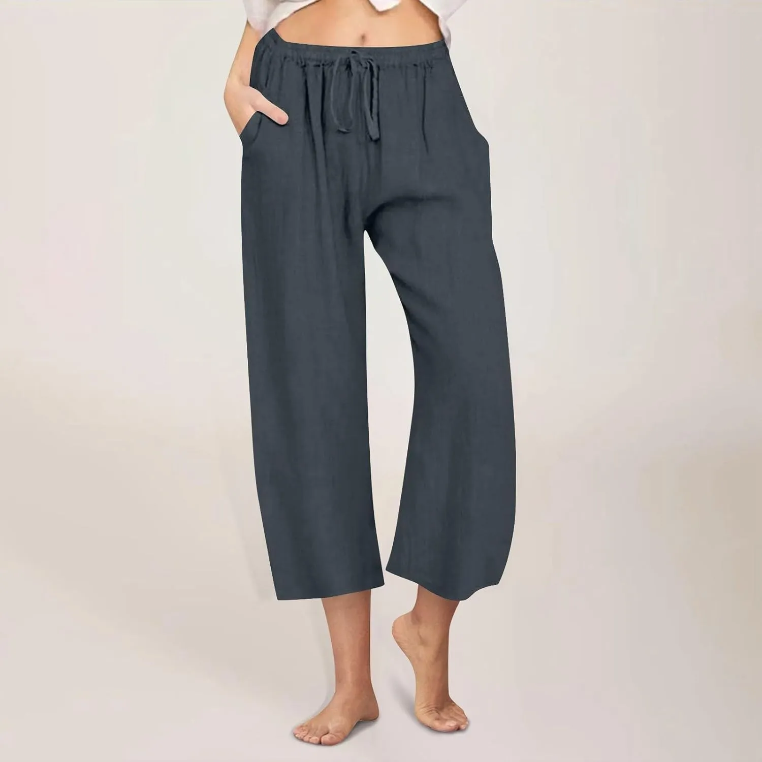 FZYLQY Cotton Linen Pants for Womens 2025 Wide Leg Cropped Lounge Trousers Drawstring Elastic Waist Summer Beach Pants
