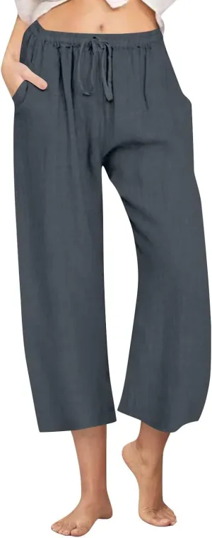FZYLQY Cotton Linen Pants for Womens 2025 Wide Leg Cropped Lounge Trousers Drawstring Elastic Waist Summer Beach Pants