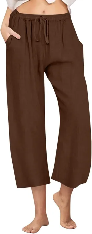 FZYLQY Cotton Linen Pants for Womens 2025 Wide Leg Cropped Lounge Trousers Drawstring Elastic Waist Summer Beach Pants