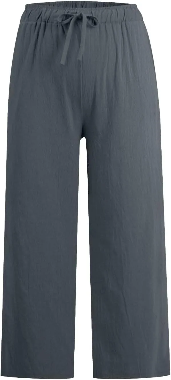 FZYLQY Cotton Linen Pants for Womens 2025 Wide Leg Cropped Lounge Trousers Drawstring Elastic Waist Summer Beach Pants