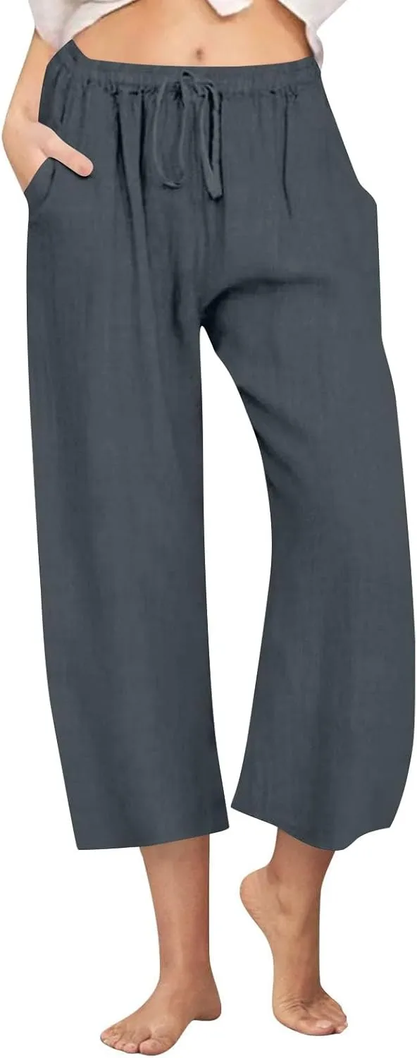 FZYLQY Cotton Linen Pants for Womens 2025 Wide Leg Cropped Lounge Trousers Drawstring Elastic Waist Summer Beach Pants