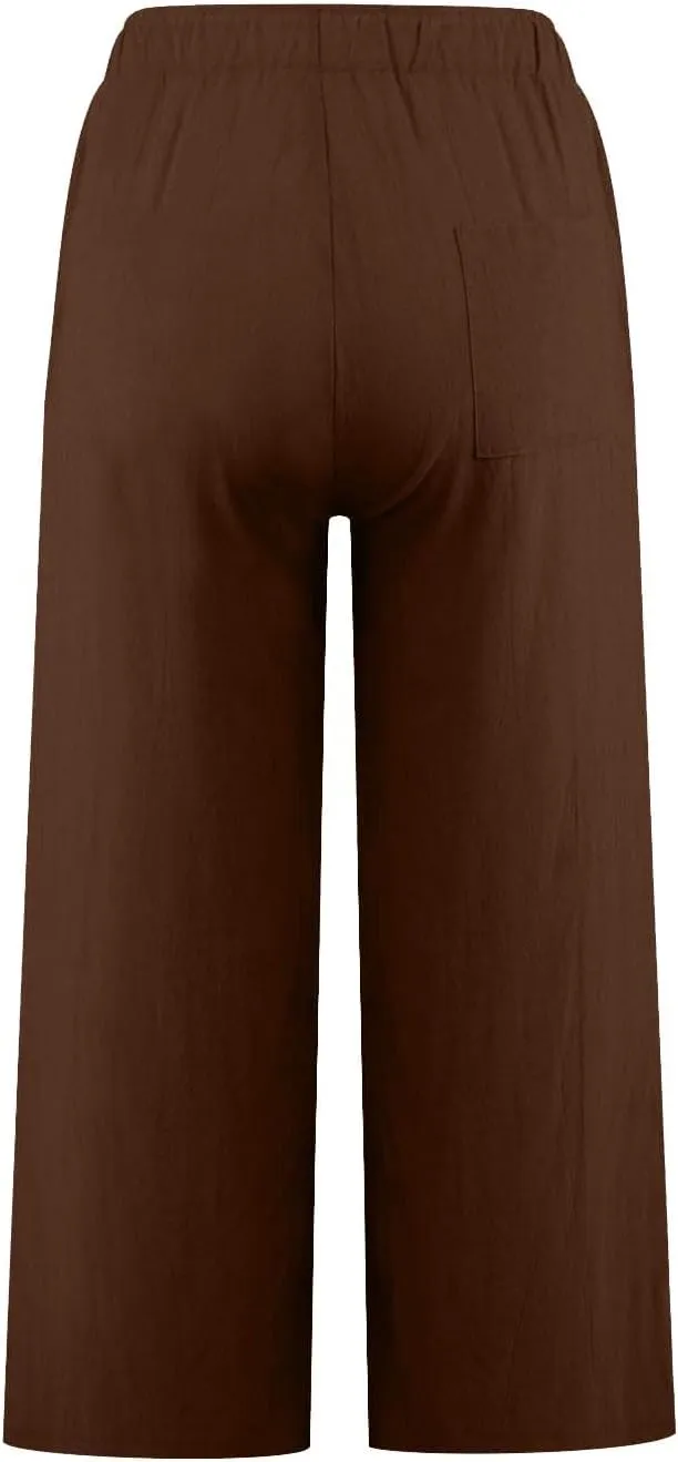 FZYLQY Cotton Linen Pants for Womens 2025 Wide Leg Cropped Lounge Trousers Drawstring Elastic Waist Summer Beach Pants