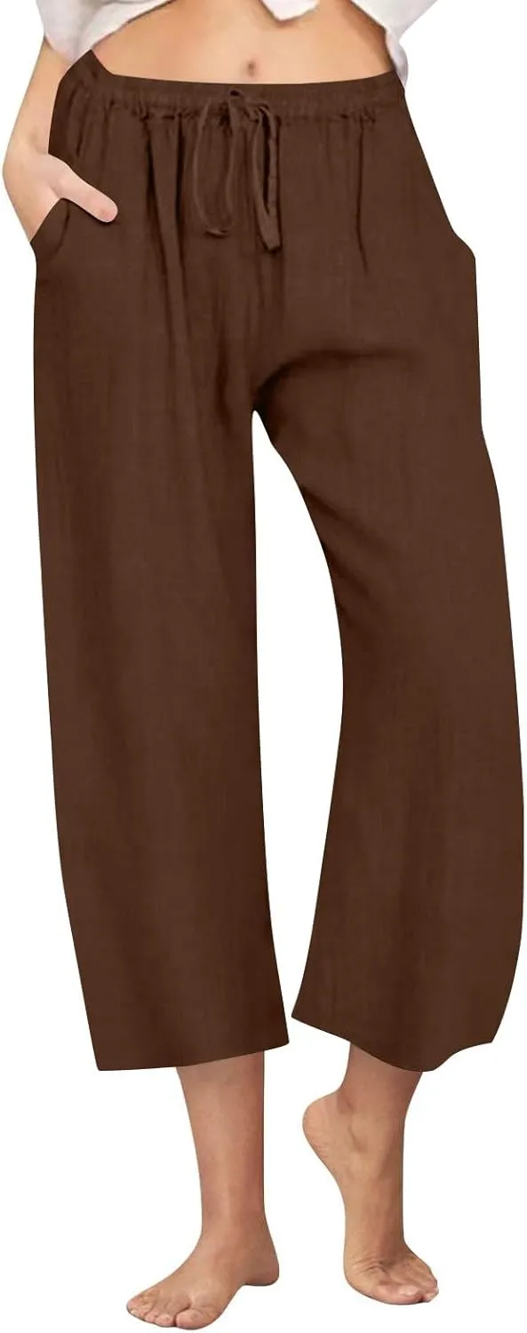 FZYLQY Cotton Linen Pants for Womens 2025 Wide Leg Cropped Lounge Trousers Drawstring Elastic Waist Summer Beach Pants