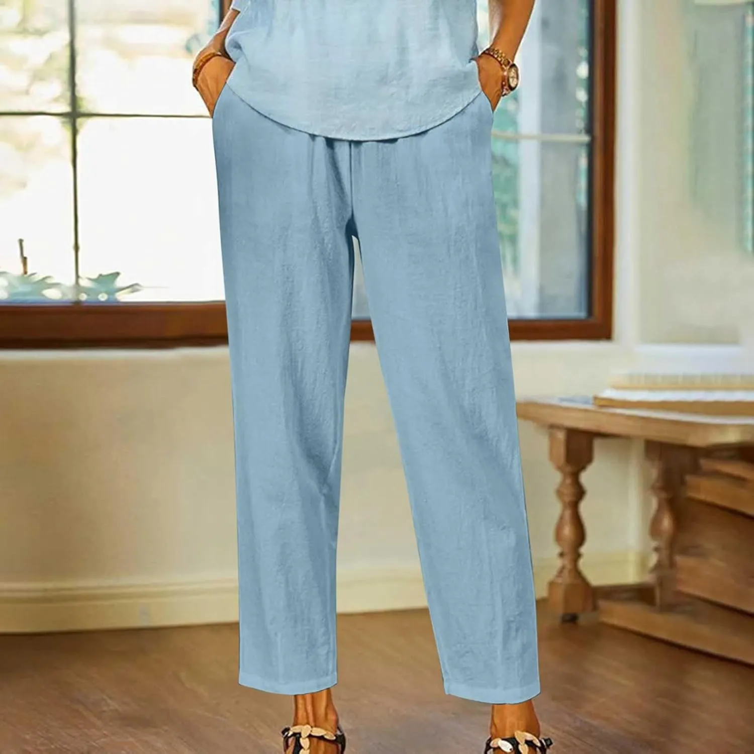 FZYLQY Linen Pants for Women Straight Leg Summer Trendy Elastic Waist Palazzo Beach Loose Fit Cropped Trousers with Pockets