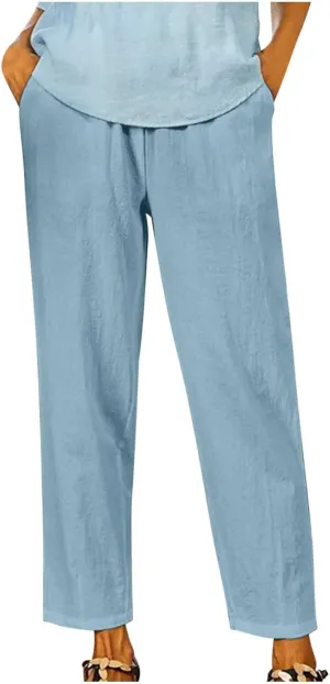 FZYLQY Linen Pants for Women Straight Leg Summer Trendy Elastic Waist Palazzo Beach Loose Fit Cropped Trousers with Pockets