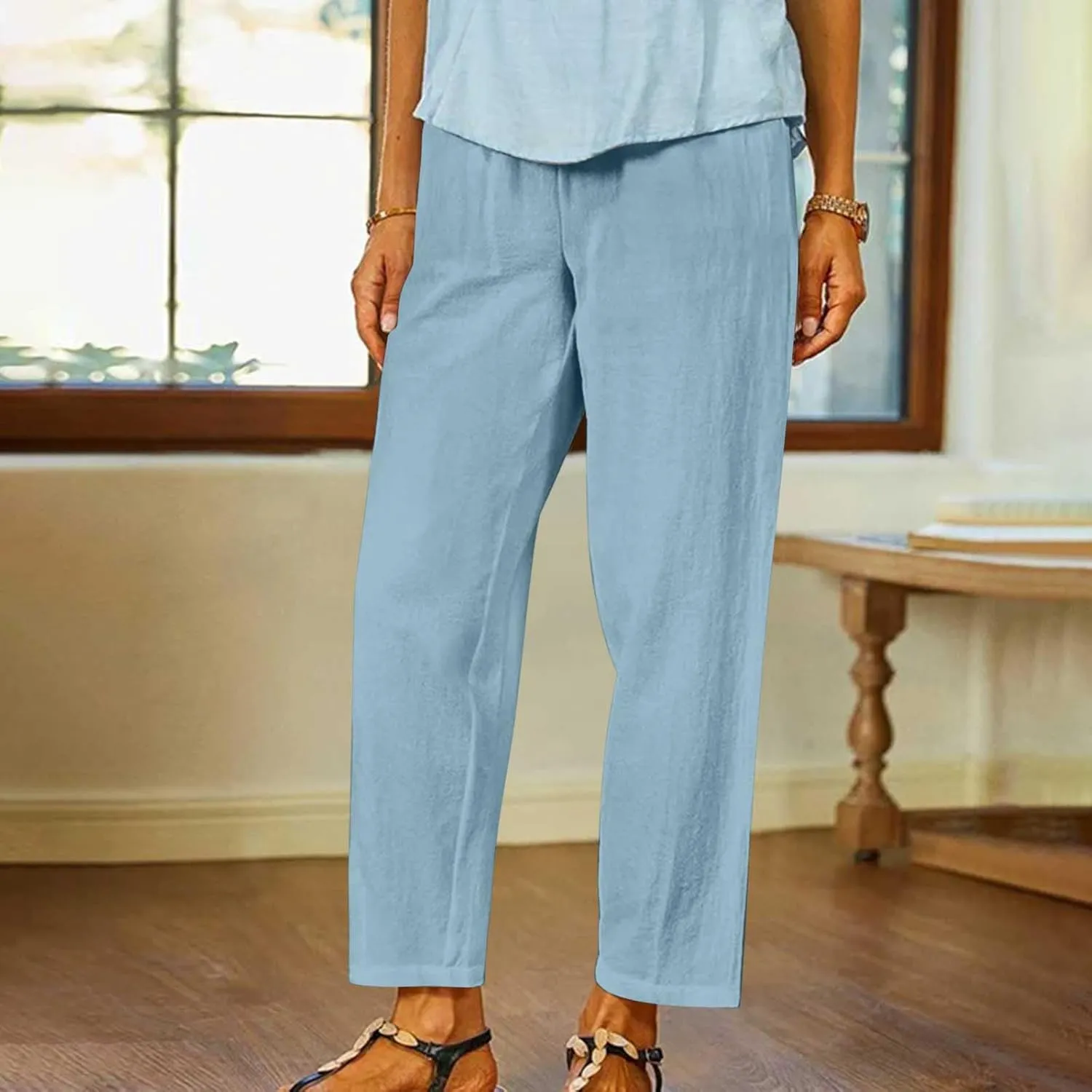 FZYLQY Linen Pants for Women Straight Leg Summer Trendy Elastic Waist Palazzo Beach Loose Fit Cropped Trousers with Pockets