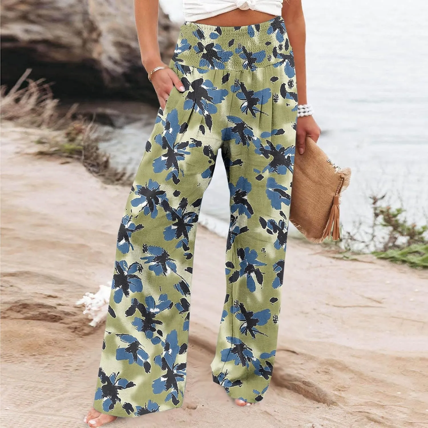 FZYLQY Wide Leg Pants for Women Dressy Button High Waisted Business Pants Summer Casual Work Beach Pants Trousers with Pocket