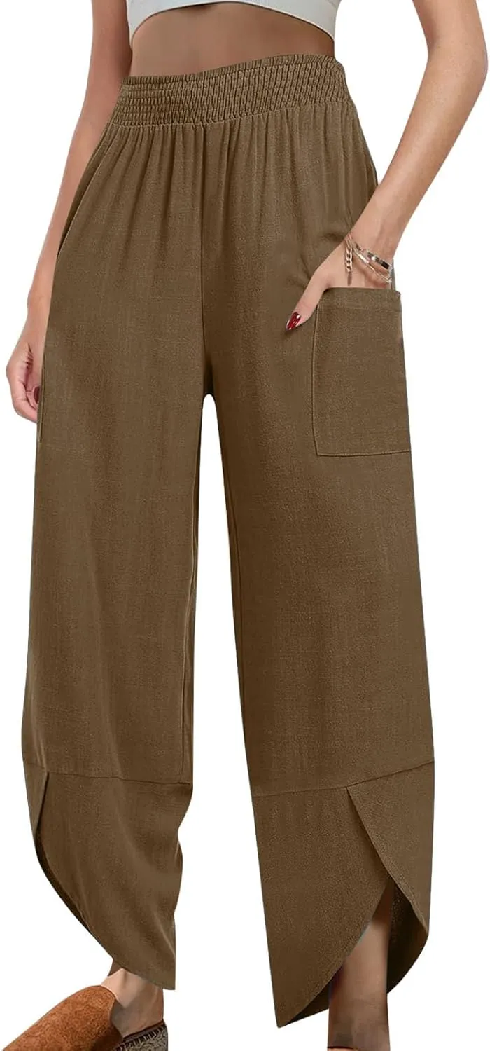 FZYLQY Womens Baggy Wide Leg Pants Casual Summer Linen Pants Elastic Waisted Casual Palazzo Harem Pants 2025 Beach Trousers