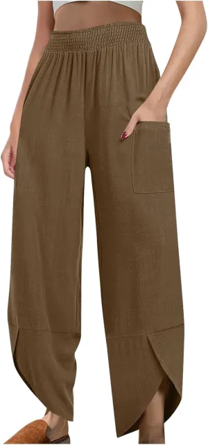 FZYLQY Womens Baggy Wide Leg Pants Casual Summer Linen Pants Elastic Waisted Casual Palazzo Harem Pants 2025 Beach Trousers