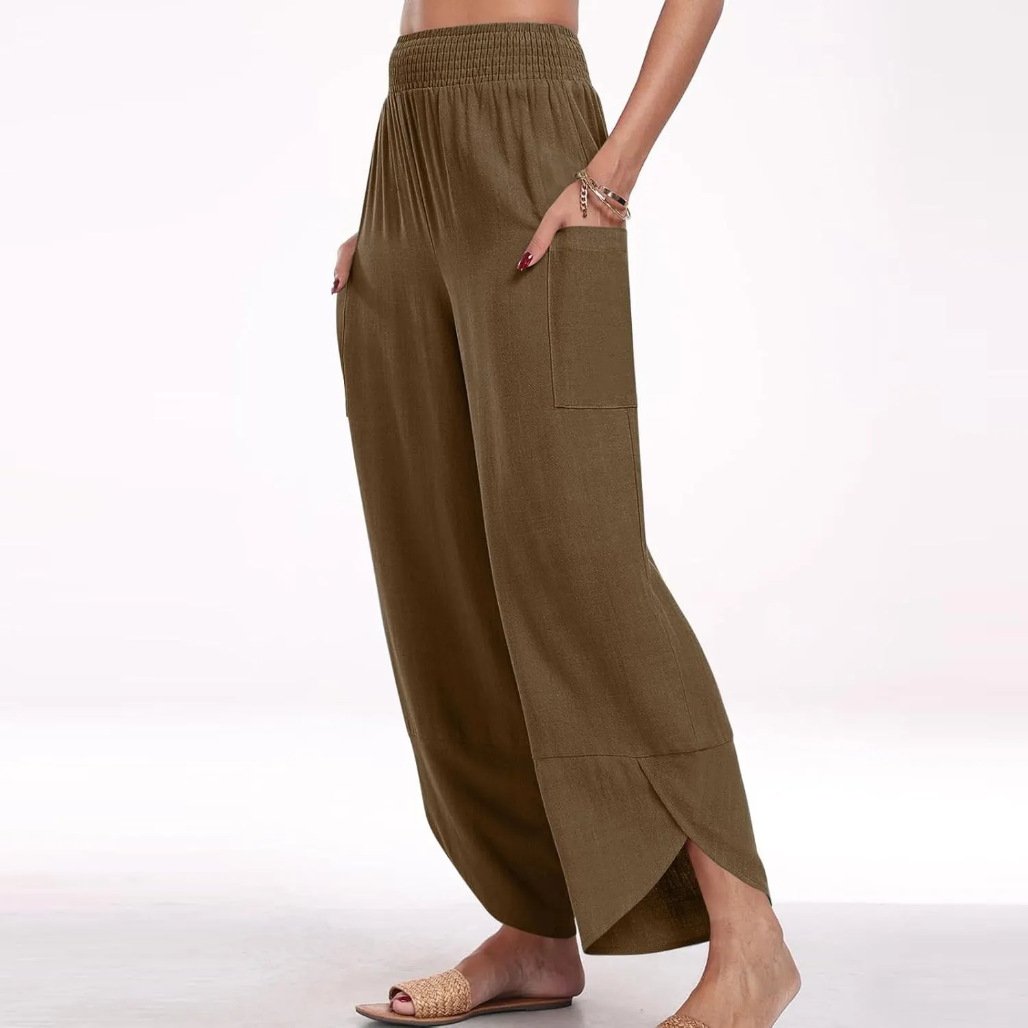 FZYLQY Womens Baggy Wide Leg Pants Casual Summer Linen Pants Elastic Waisted Casual Palazzo Harem Pants 2025 Beach Trousers
