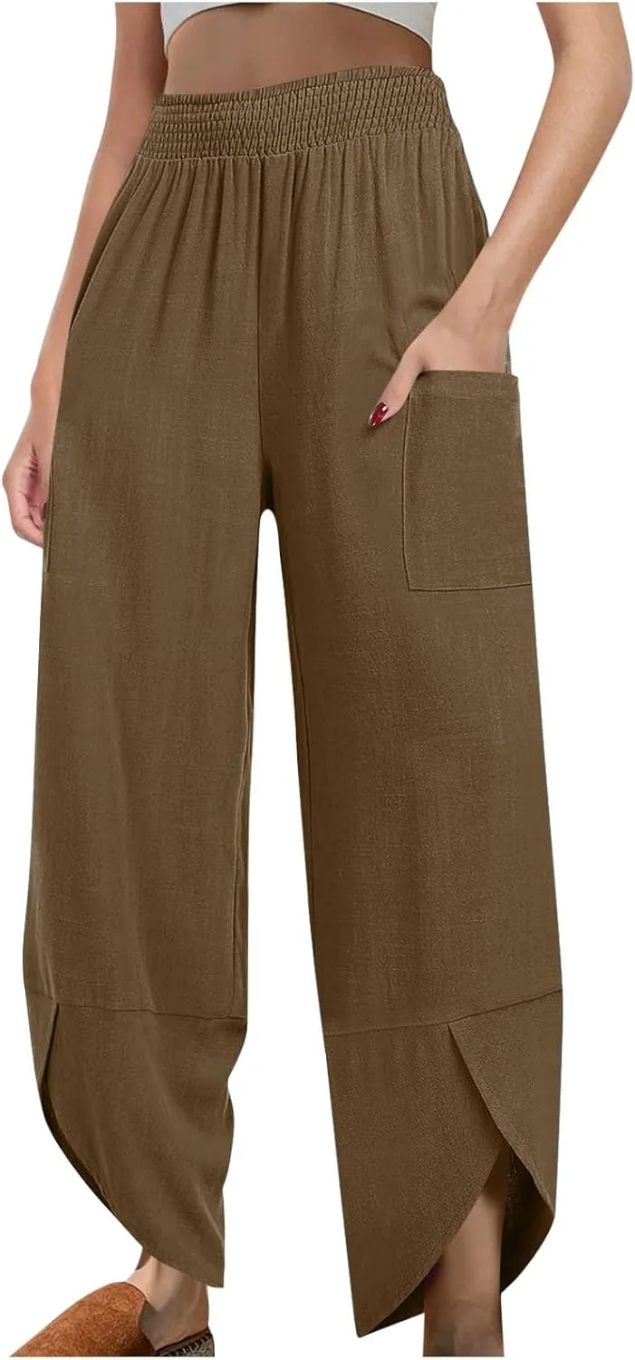 FZYLQY Womens Baggy Wide Leg Pants Casual Summer Linen Pants Elastic Waisted Casual Palazzo Harem Pants 2025 Beach Trousers