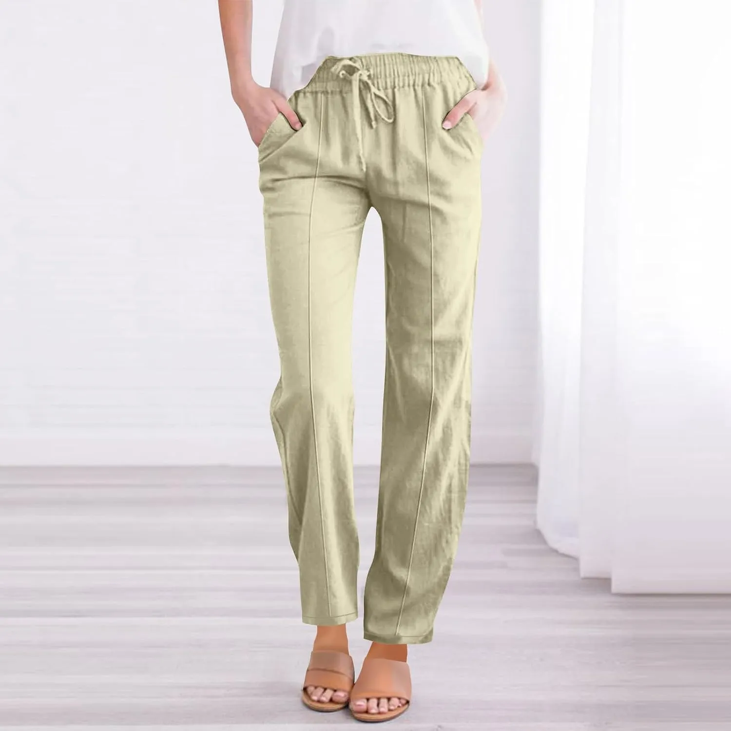 FZYLQY Womens Linen Pants 2025 Summer High Waisted Drawstring Lounge Trousers Beach Straight Wide Leg Palazzo Joggers