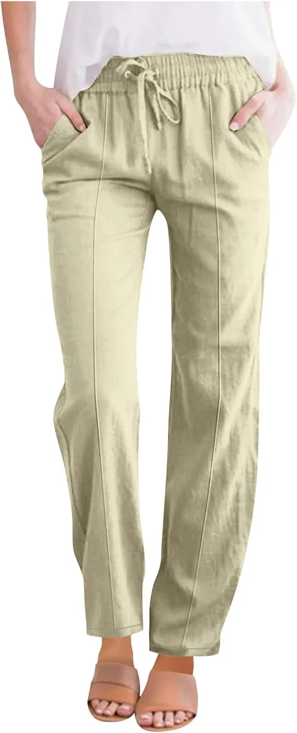 FZYLQY Womens Linen Pants 2025 Summer High Waisted Drawstring Lounge Trousers Beach Straight Wide Leg Palazzo Joggers