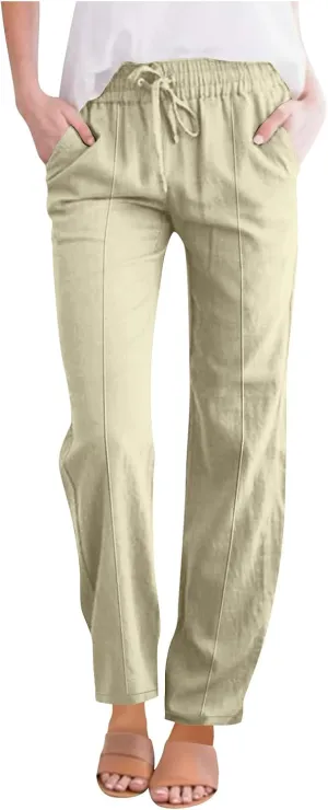 FZYLQY Womens Linen Pants 2025 Summer High Waisted Drawstring Lounge Trousers Beach Straight Wide Leg Palazzo Joggers