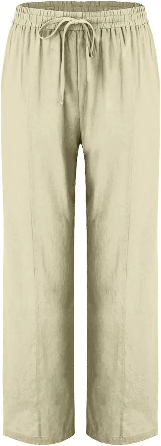 FZYLQY Womens Linen Pants 2025 Summer High Waisted Drawstring Lounge Trousers Beach Straight Wide Leg Palazzo Joggers