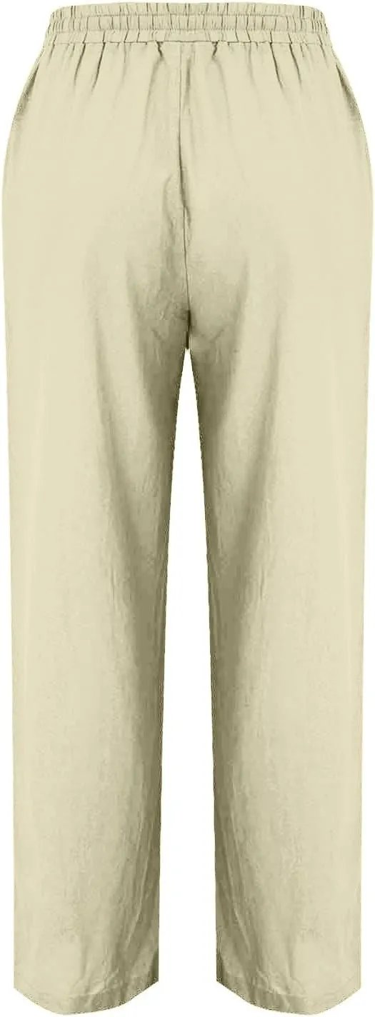 FZYLQY Womens Linen Pants 2025 Summer High Waisted Drawstring Lounge Trousers Beach Straight Wide Leg Palazzo Joggers